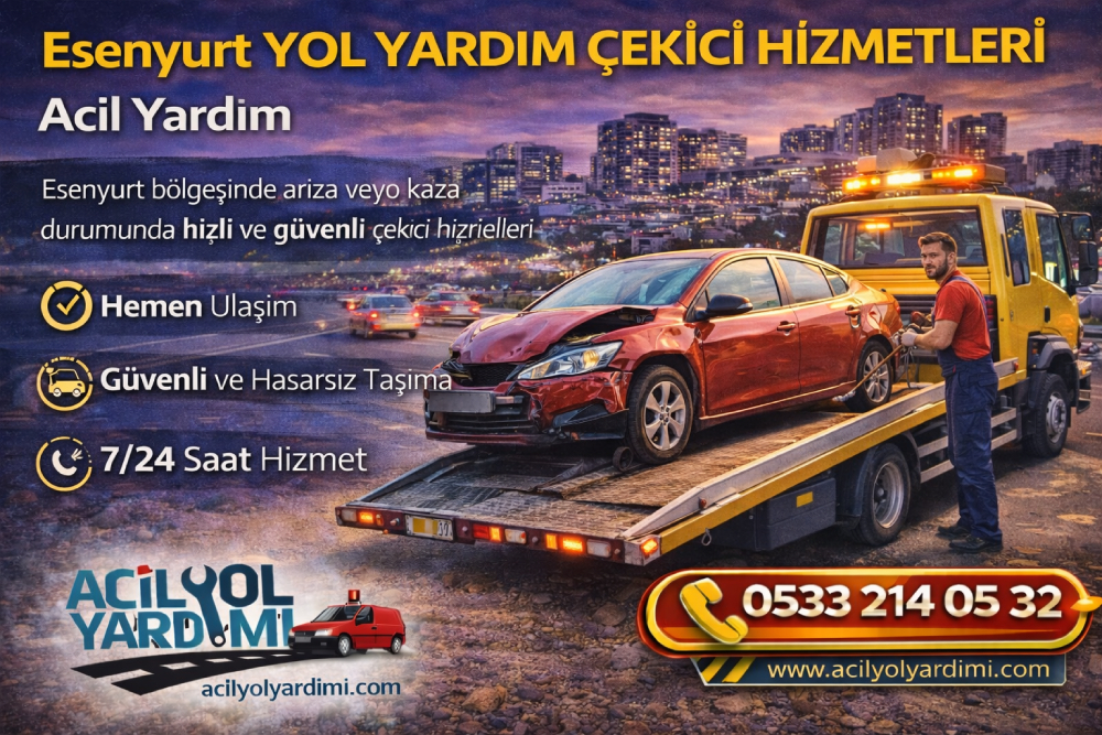 Esenyurt’ta yol yardımı çekici hizmetiyle arızalı aracın platform çekiciye güvenli şekilde yüklenmesi