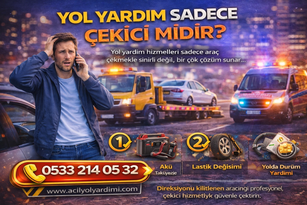 Yol yardım hizmetlerinin sadece çekici olmadığını, akü, lastik ve yerinde müdahale hizmetlerini anlatan yol yardımı görseli