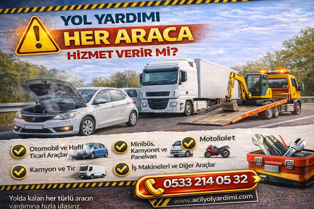 Yol yardımı hizmetinin otomobil, motosiklet ve ticari araçlara uygulanmasını anlatan görsel